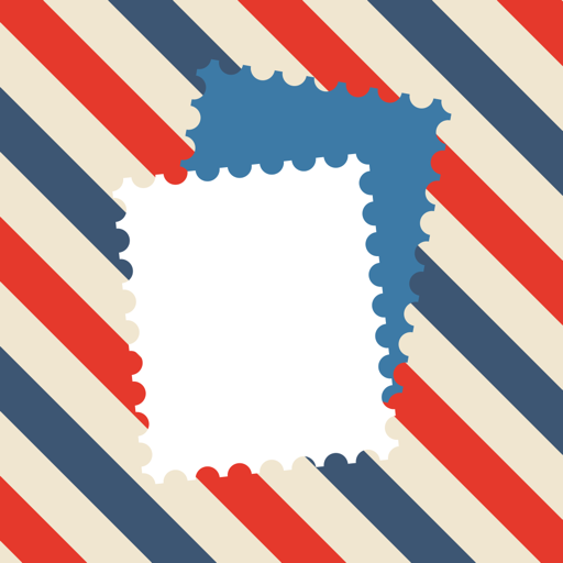 The Postcard Video app icon: two blank postage stamps on red, cream and navy airmail stripes